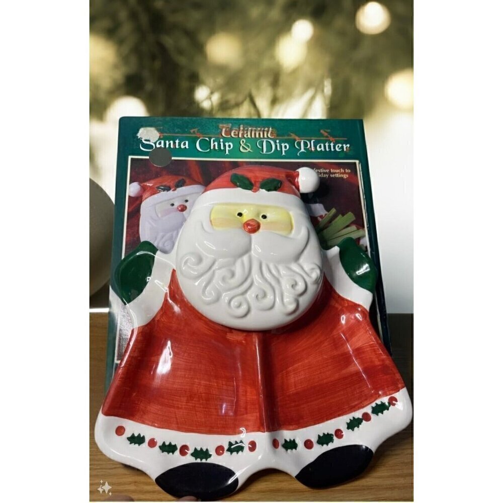 Santa Chip and Dip Platter Ceramic Hand Painted With Santa Head Lid